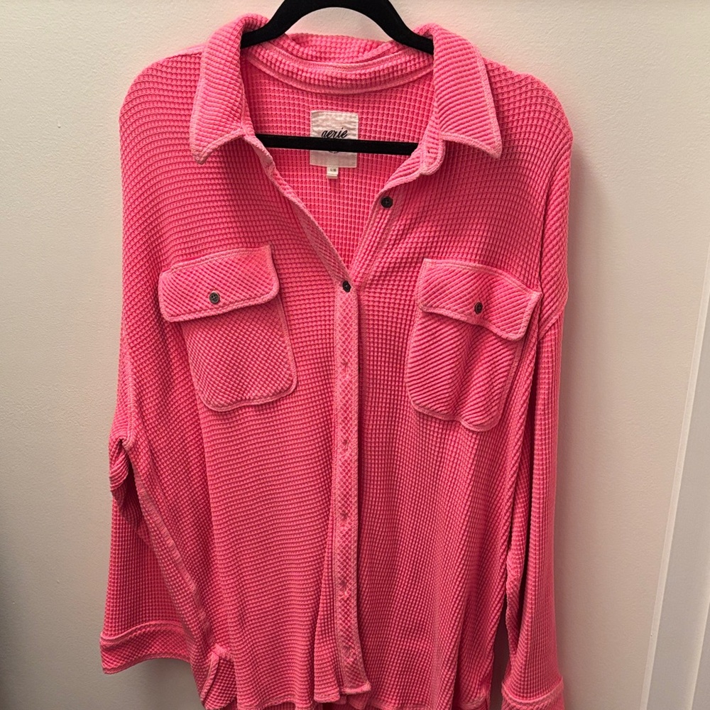 aerie Pink Waffle Knit Button-Up Shirt